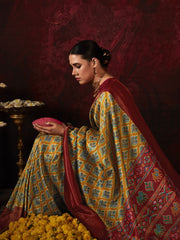 Mustard Yellow Digital Printed Silk Festival Wear Saree