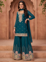 Teal Embroidered Chinnon Silk Palazzo Suit