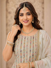 Off White Georgette Readymade Salwar Suit with Embroidered and Swarovski