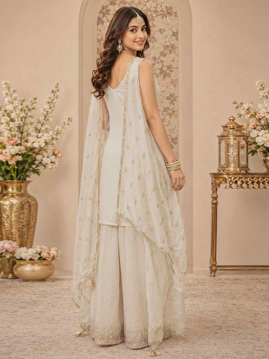 Off White Georgette Readymade Salwar Suit with Embroidered and Swarovski