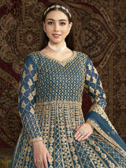 Teal Blue All Over Embroidered Net Wedding Anarkali Gown