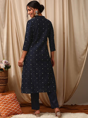 Women Navy Blue Ethnic Woven Design Stright Kurta