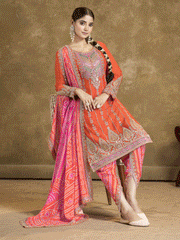 Orange Bandhni Silk embroiderd Dhoti Suit