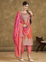 Orange Bandhni Silk embroiderd Dhoti Suit