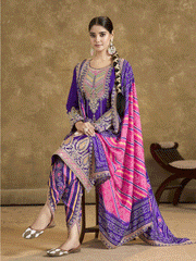 Violet Bandhni Silk embroiderd Dhoti Suit