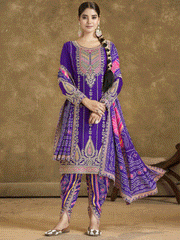 Violet Bandhni Silk embroiderd Dhoti Suit