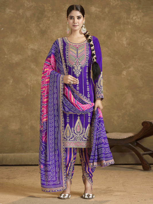Violet Bandhni Silk embroiderd Dhoti Suit