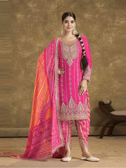 Pink Bandhni Silk embroiderd Dhoti Suit