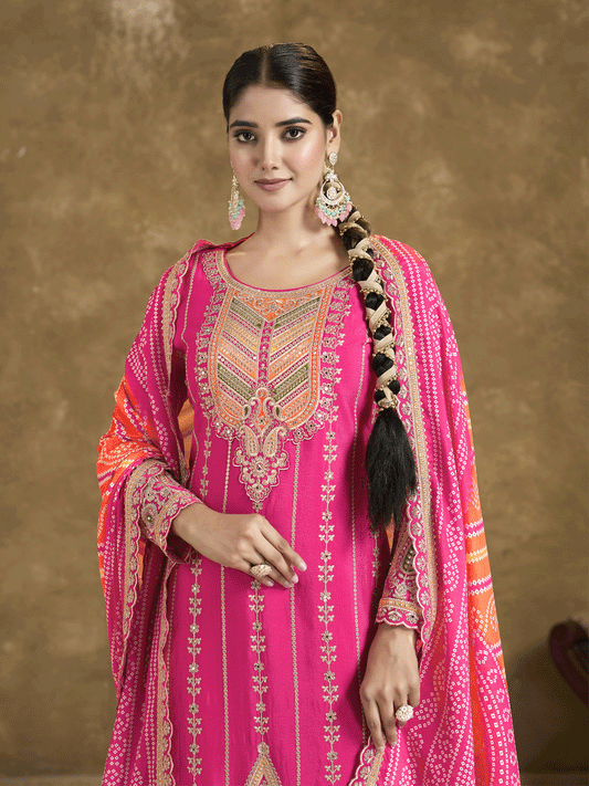 Pink Bandhni Silk embroiderd Dhoti Suit