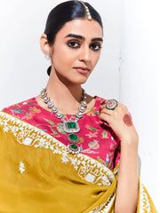 Yellow and Pink Color Organza Tissue Silk Saree With Blouse