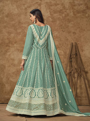 Teal Blue Silk Anarkali Suit