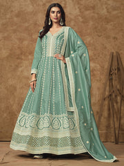 Teal Blue Silk Anarkali Suit