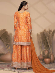 Orange Chinon Bandhini Print Embroidered Sequins Palazzo Suit