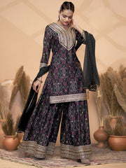 Black Chinon Bandhini Print Embroidered Sequins Palazzo Suit