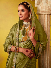 Classic Green And Mustard Multi Embroidery Silk Saree