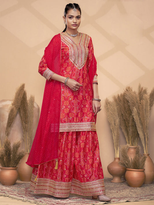 Red Chinon Bandhini Print Embroidered Sequins Palazzo Suit