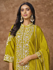 Lime Green Embroidered Silk Palazzo Suit