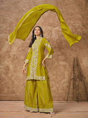 Lime Green Embroidered Silk Palazzo Suit