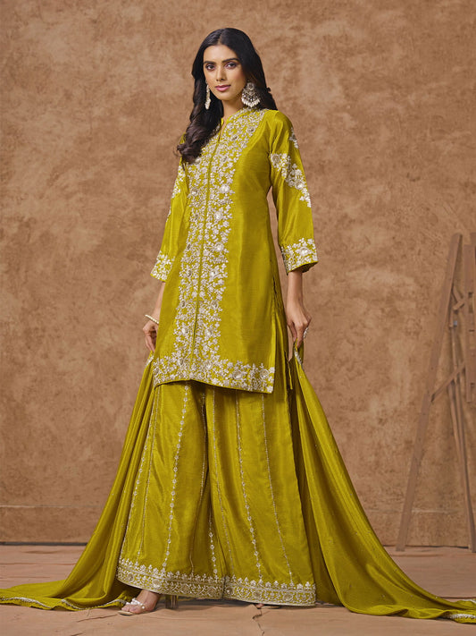 Lime Green Embroidered Silk Palazzo Suit