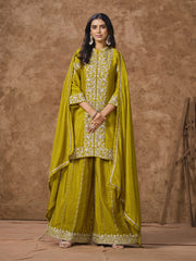 Lime Green Embroidered Silk Palazzo Suit