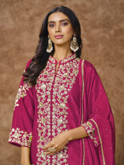 Hot Pink Embroidered Silk Palazzo Suit
