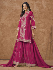 Hot Pink Embroidered Silk Palazzo Suit
