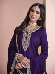 Violet Purple Embroidered Gharara Style Suit