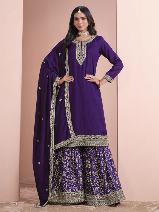 Violet Purple Embroidered Gharara Style Suit
