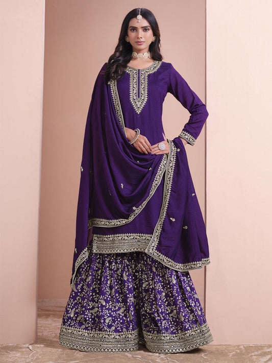 Violet Purple Embroidered Gharara Style Suit