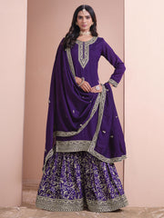 Violet Purple Embroidered Gharara Style Suit