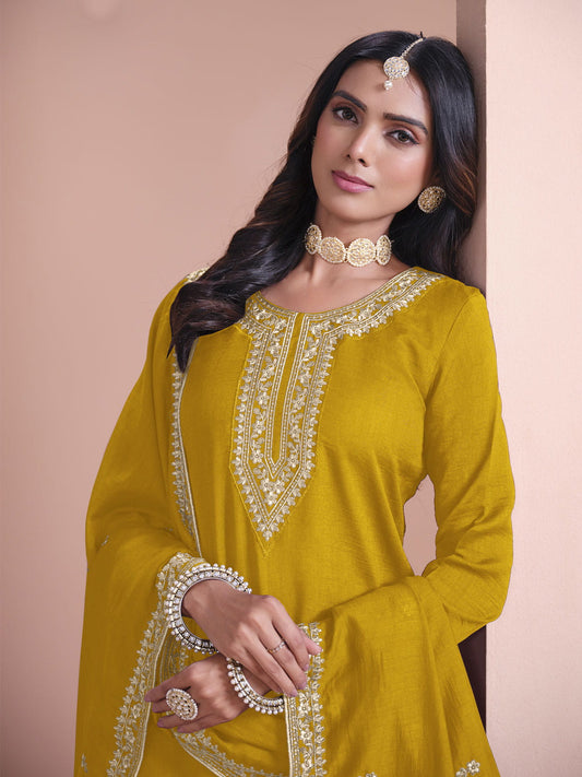 Yellow Embroidered Gharara Style Suit