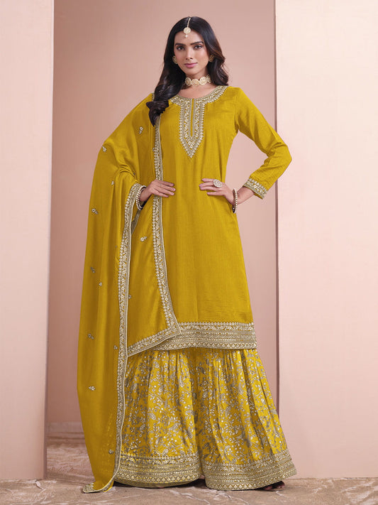 Yellow Embroidered Gharara Style Suit