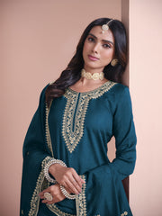Teal Blue Embroidered Gharara Style Suit