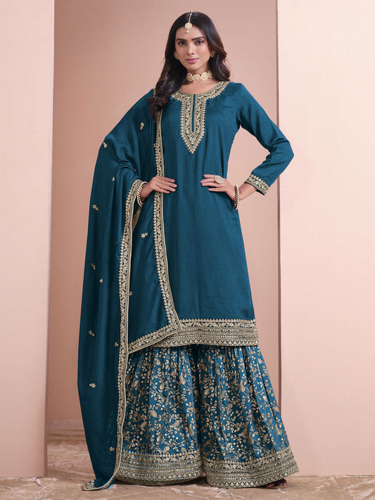 Teal Blue Embroidered Gharara Style Suit