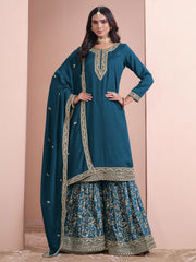 Teal Blue Embroidered Gharara Style Suit