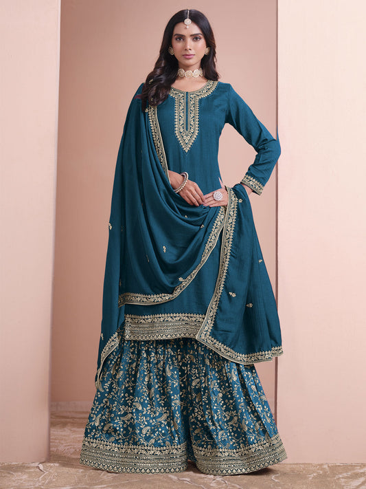 Teal Blue Embroidered Gharara Style Suit