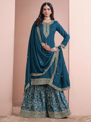 Teal Blue Embroidered Gharara Style Suit