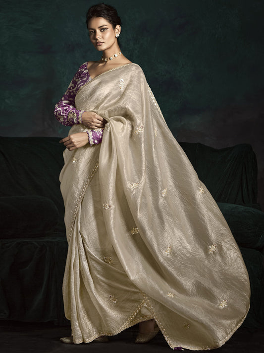 Golden Beige And Purple Handwork Tissue Silk Saree