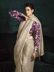 Golden Beige And Purple Handwork Tissue Silk Saree