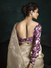 Golden Beige And Purple Handwork Tissue Silk Saree