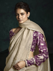 Golden Beige And Purple Handwork Tissue Silk Saree