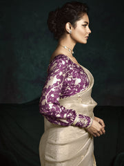 Golden Beige And Purple Handwork Tissue Silk Saree