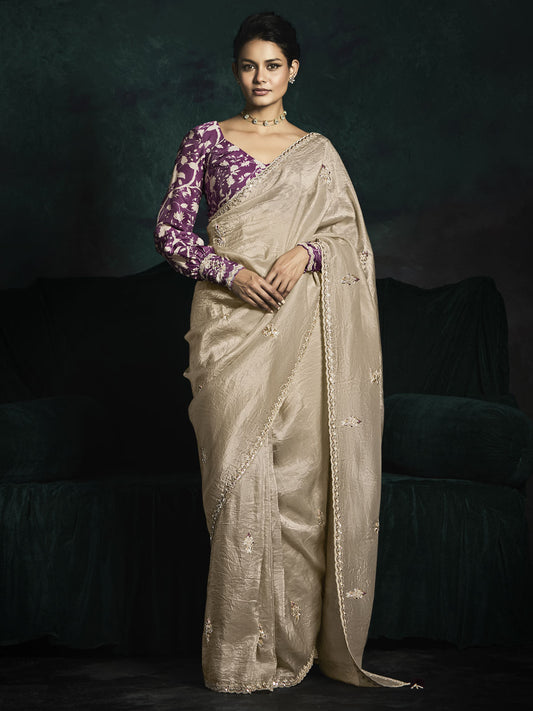 Golden Beige And Purple Handwork Tissue Silk Saree