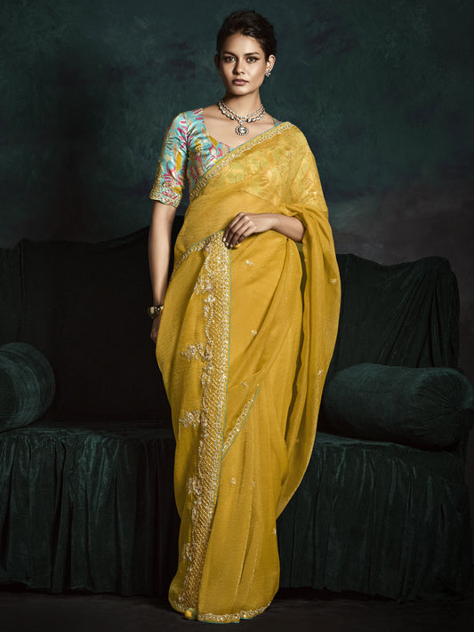Gorgeous Yellow Embroidered Silk Haldi Wear Saree With Blouse