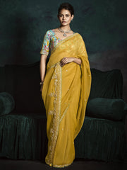 Gorgeous Yellow Embroidered Silk Haldi Wear Saree With Blouse