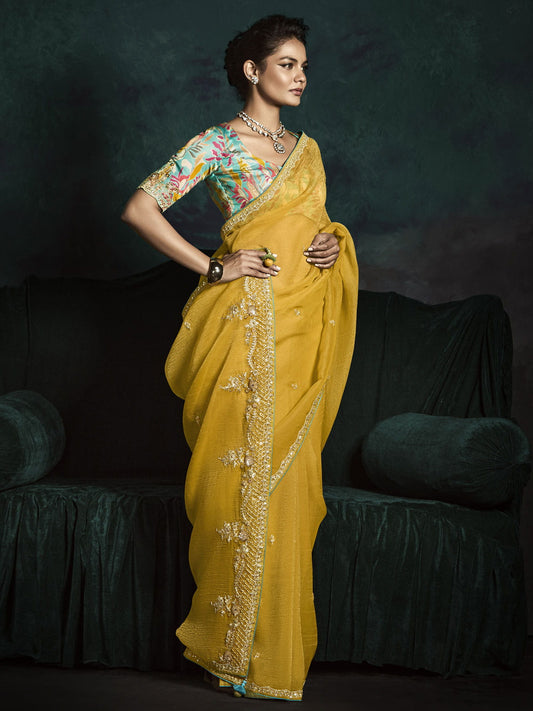 Gorgeous Yellow Embroidered Silk Haldi Wear Saree With Blouse