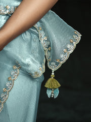 Attractive Sky-Blue Embroidered Tissue Silk Engagement Wear Saree