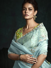 Attractive Sky-Blue Embroidered Tissue Silk Engagement Wear Saree