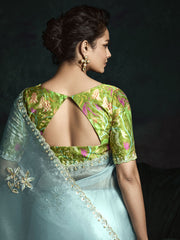 Attractive Sky-Blue Embroidered Tissue Silk Engagement Wear Saree
