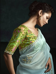Attractive Sky-Blue Embroidered Tissue Silk Engagement Wear Saree